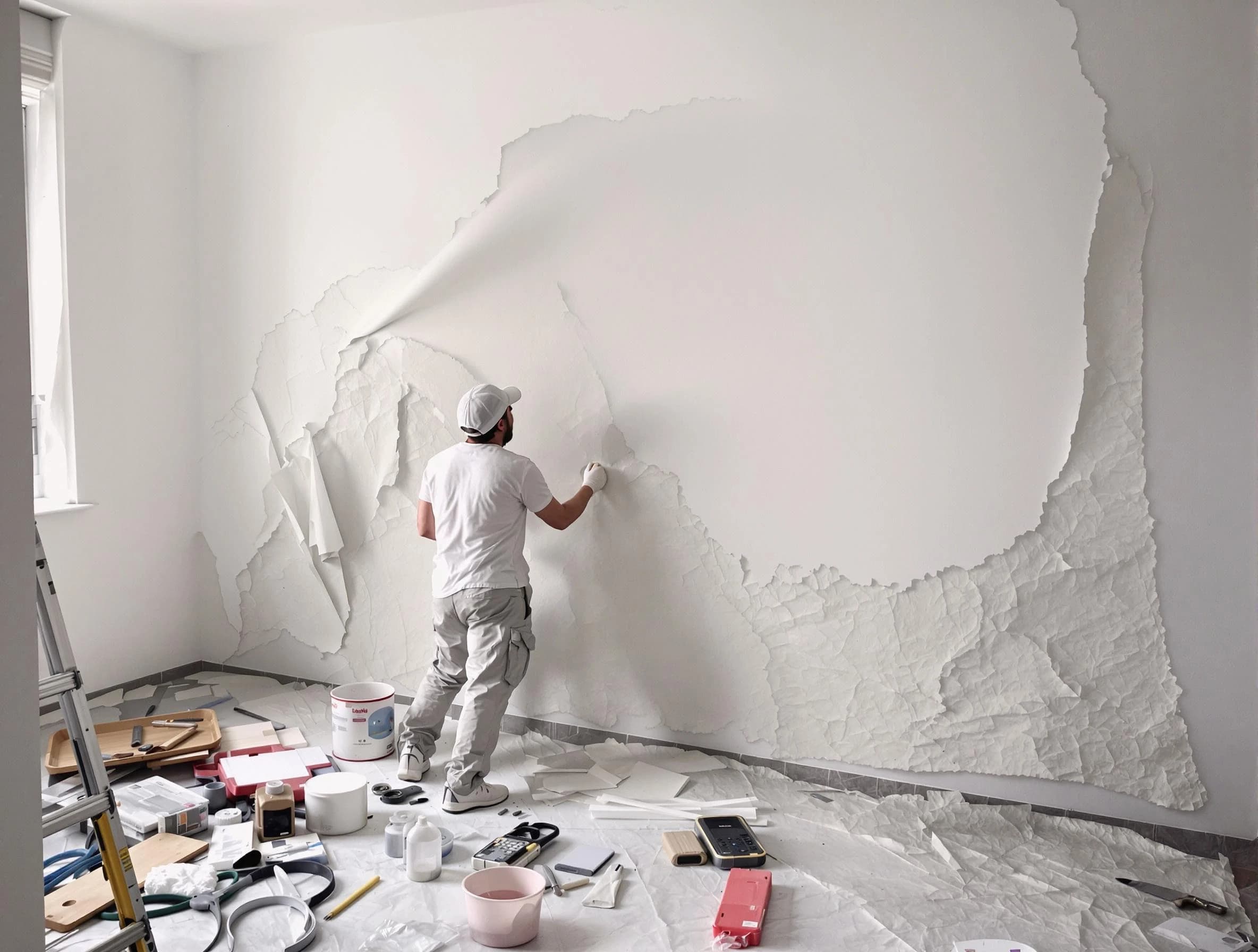 Removing old wallpaper to reveal clean walls by Medina House Painters in Medina